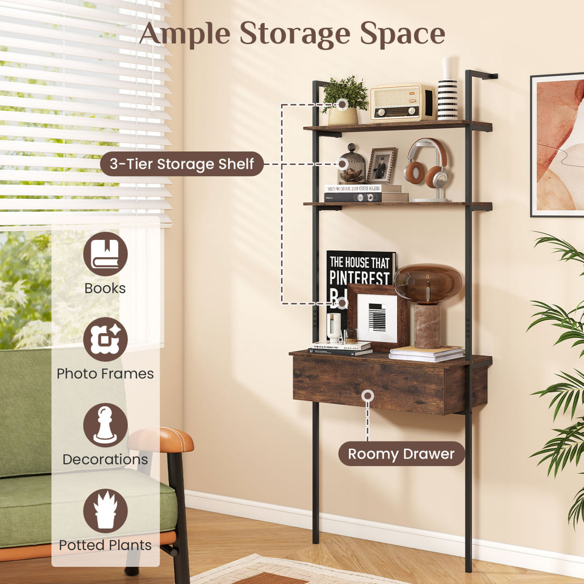 4-Tier Ladder Bookshelf with Drawer and Metal Frame for Living Room-Rustic Brown