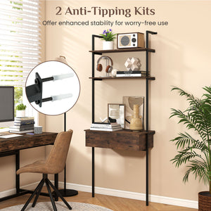 4-Tier Ladder Bookshelf with Drawer and Metal Frame for Living Room-Rustic Brown