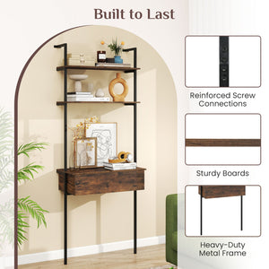4-Tier Ladder Bookshelf with Drawer and Metal Frame for Living Room-Rustic Brown