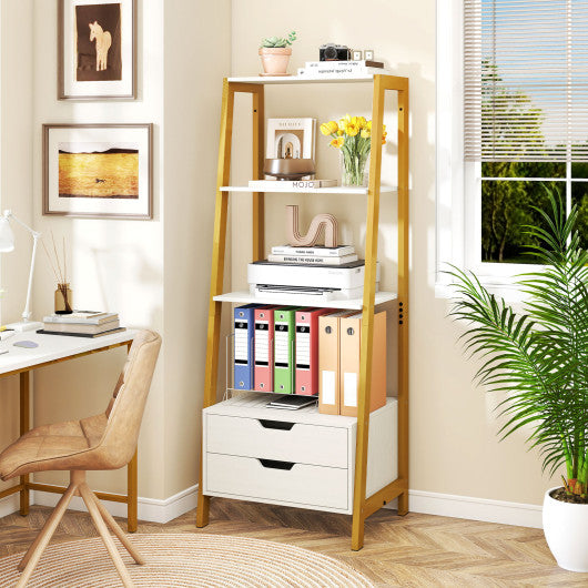 4-Tier Ladder Shelf with 2 Drawers 52.5 Inch Tall Freestanding Bookcase-White