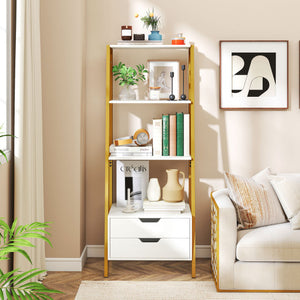 4-Tier Ladder Shelf with 2 Drawers 52.5 Inch Tall Freestanding Bookcase-White