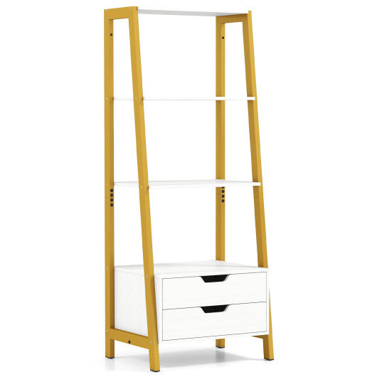 4-Tier Ladder Shelf with 2 Drawers 52.5 Inch Tall Freestanding Bookcase-White