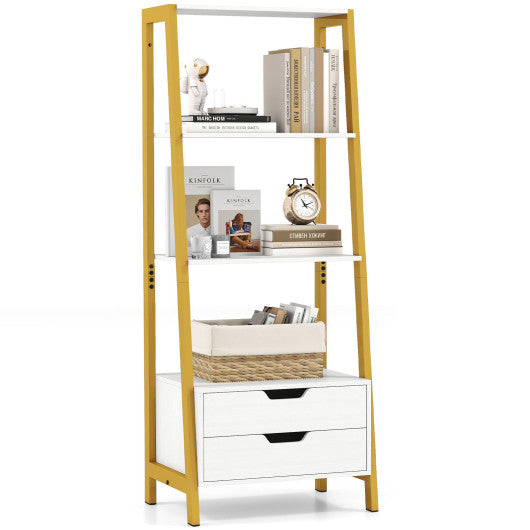 4-Tier Ladder Shelf with 2 Drawers 52.5 Inch Tall Freestanding Bookcase-White