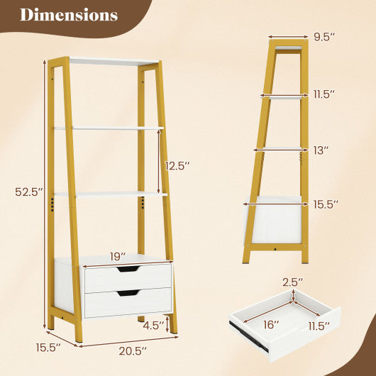 4-Tier Ladder Shelf with 2 Drawers 52.5 Inch Tall Freestanding Bookcase-White
