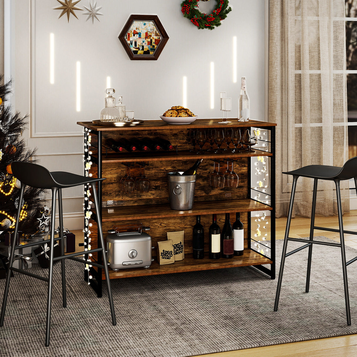 4-Tier Mini Bar Kitchen Island with Footrest and Wine Rack-Coffee