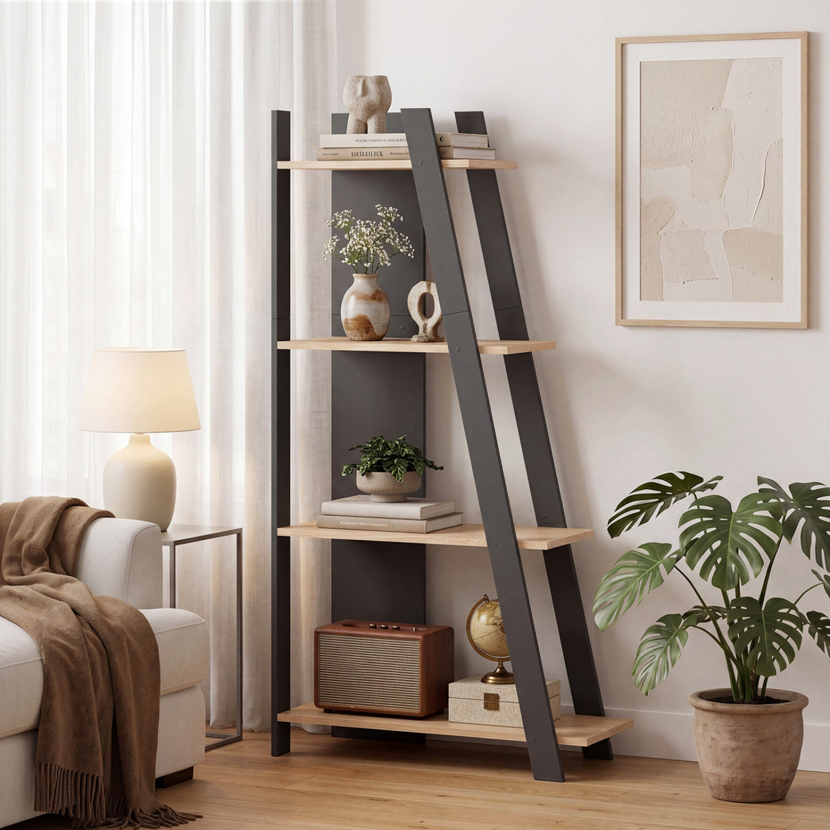 4-Tier Modern Bookshelf Wooden Vertical Display Book Shelf for Small Space-Oak