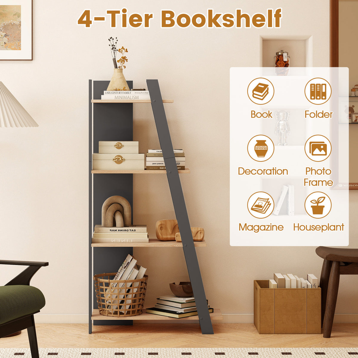 4-Tier Modern Bookshelf Wooden Vertical Display Book Shelf for Small Space-Oak