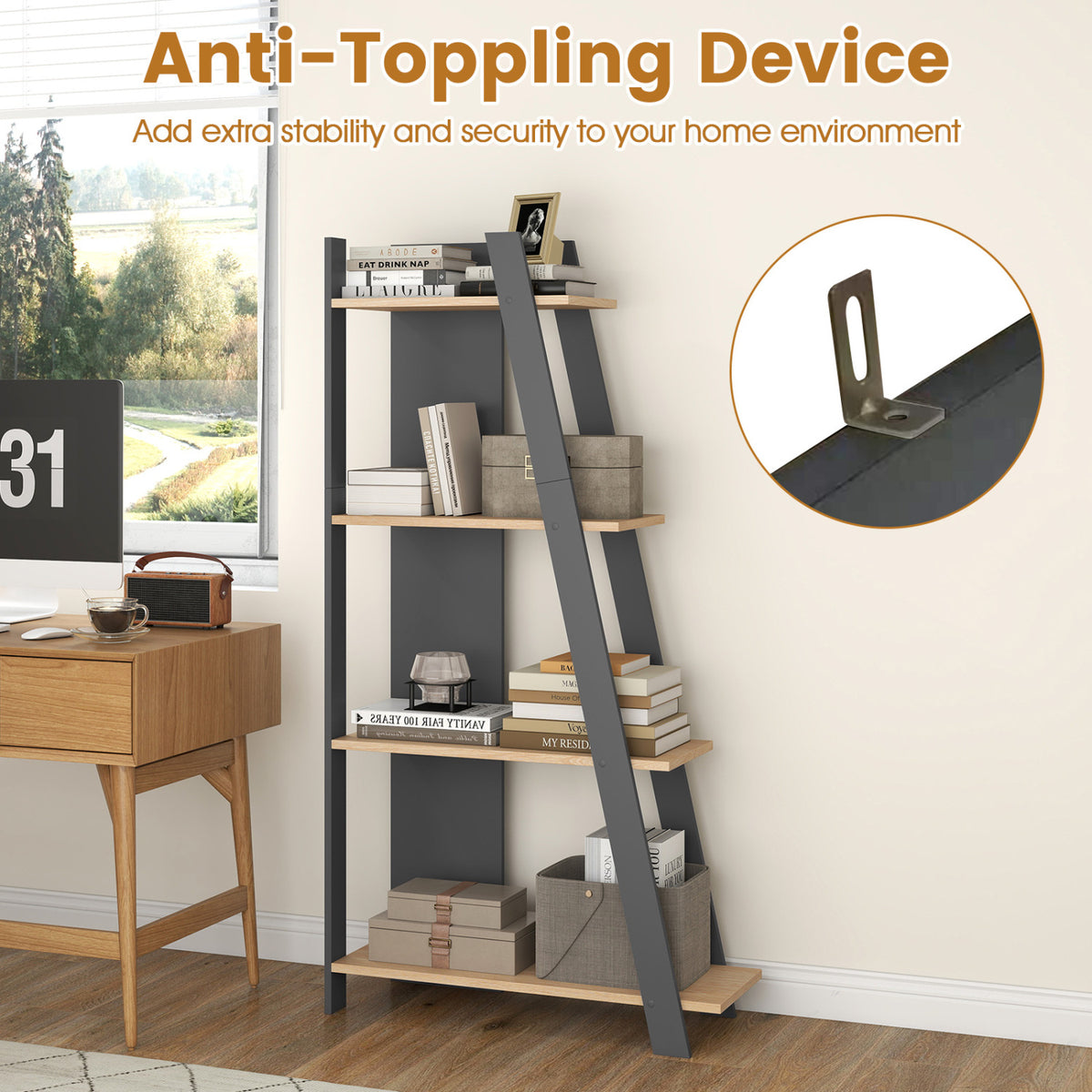 4-Tier Modern Bookshelf Wooden Vertical Display Book Shelf for Small Space-Oak