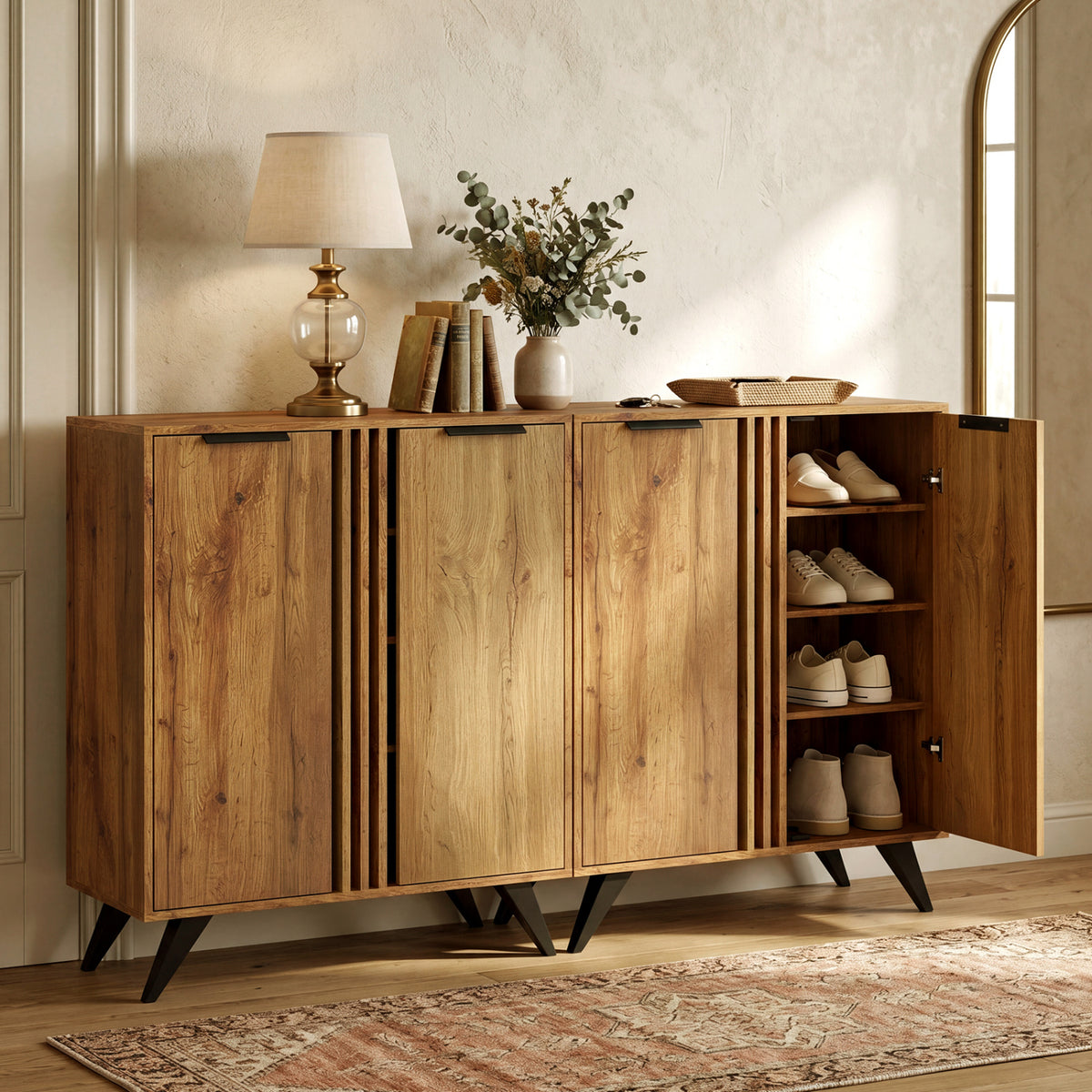 4-Tier Modern Freestanding Hidden Shoe Cabinet with 2 Doors-Natural