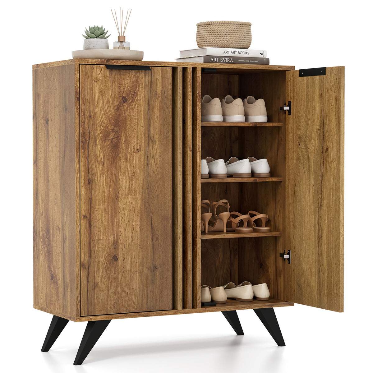 4-Tier Modern Freestanding Hidden Shoe Cabinet with 2 Doors-Natural