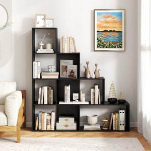 4-Tier Modern Stepped Bookshelf with 6 Storage Cubes for Living Room-Black