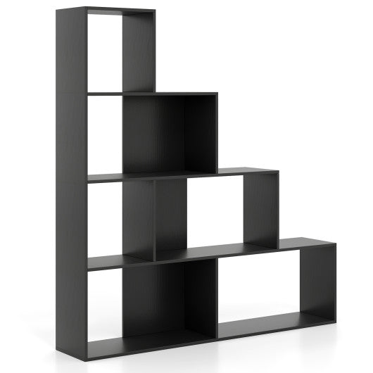 4-Tier Modern Stepped Bookshelf with 6 Storage Cubes for Living Room-Black