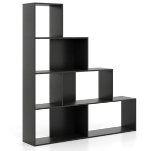 4-Tier Modern Stepped Bookshelf with 6 Storage Cubes for Living Room-Black