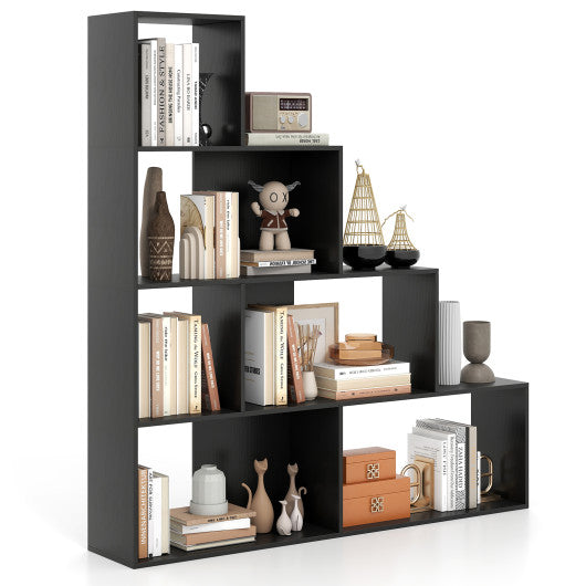 4-Tier Modern Stepped Bookshelf with 6 Storage Cubes for Living Room-Black