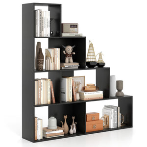 4-Tier Modern Stepped Bookshelf with 6 Storage Cubes for Living Room-Black