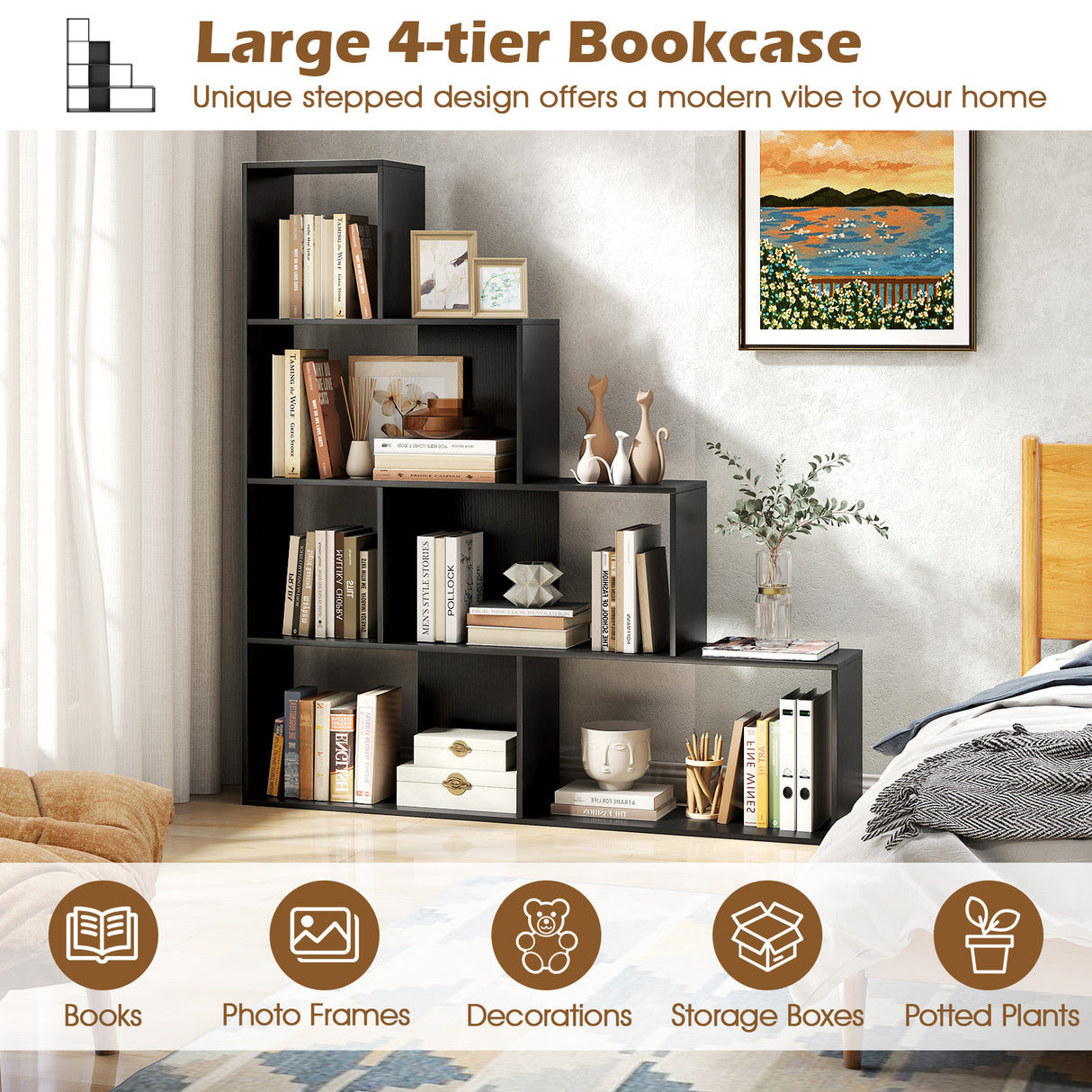 4-Tier Modern Stepped Bookshelf with 6 Storage Cubes for Living Room-Black