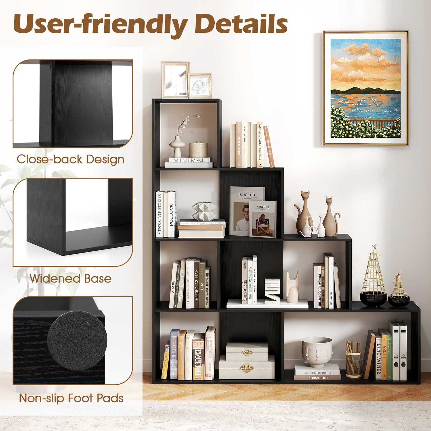 4-Tier Modern Stepped Bookshelf with 6 Storage Cubes for Living Room-Black