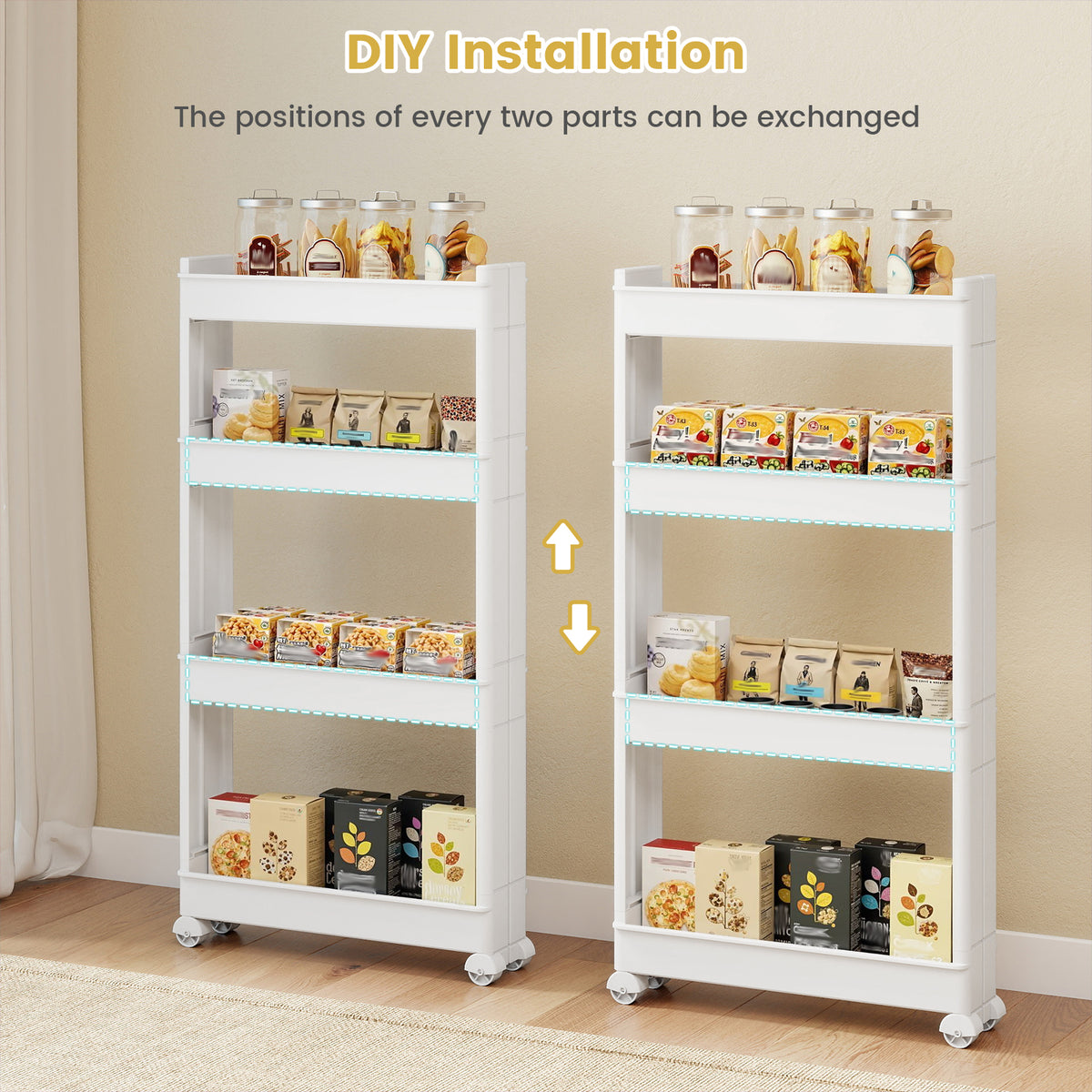 4-Tier Multifunctional Slim Storage Trolley with Detachable Trays-White