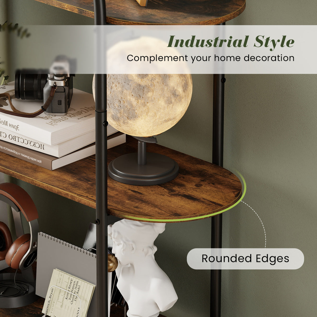 4-Tier Open Bookcase with Sturdy Metal Frame for Living Room-Rustic Brown