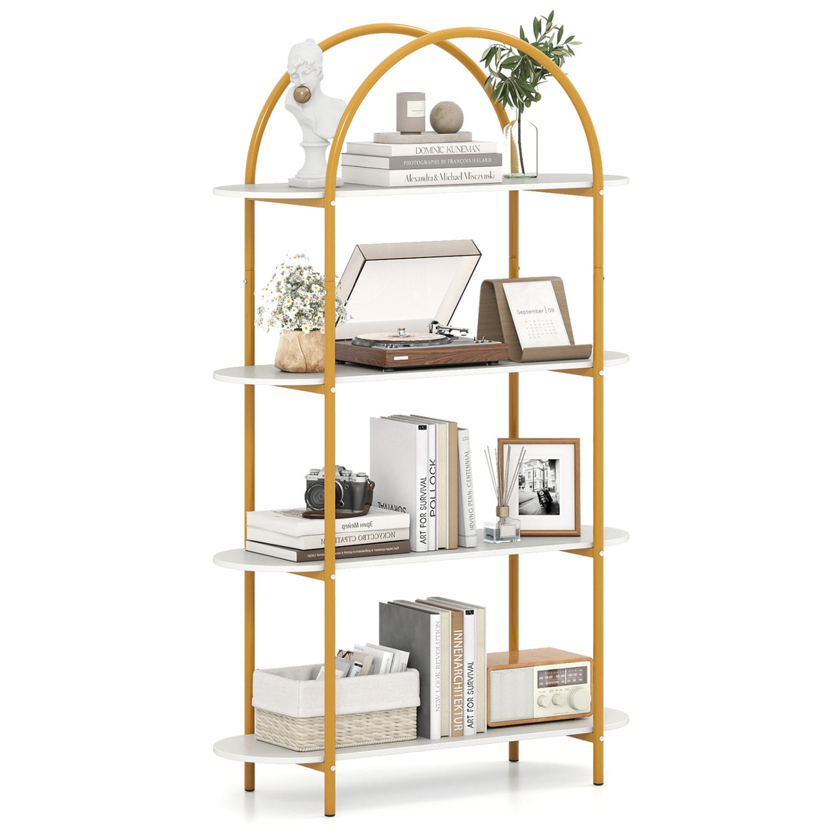 4-Tier Open Bookcase with Sturdy Metal Frame for Living Room-White & Golden