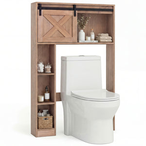 4-Tier Over The Toilet Storage Cabinet with Sliding Barn Door and Storage Shelves-Brown