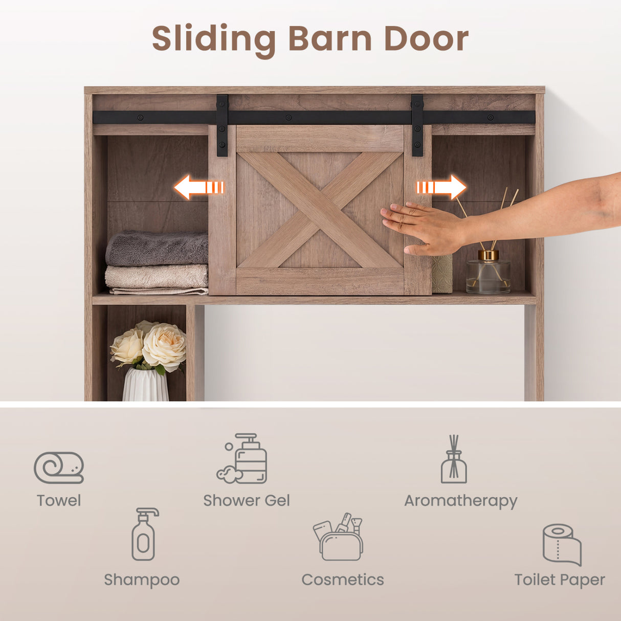 4-Tier Over The Toilet Storage Cabinet with Sliding Barn Door and Storage Shelves-Brown