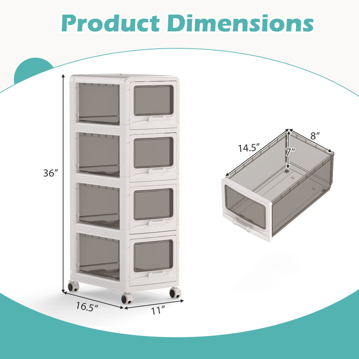 4-Tier Plastic Drawer Storage Organizer Rolling Cart with 3/4/5 Drawers and Lockable Wheels