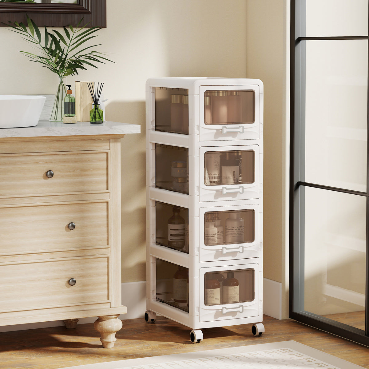 4-Tier Plastic Drawer Storage Organizer Rolling Cart with 3/4/5 Drawers and Lockable Wheels