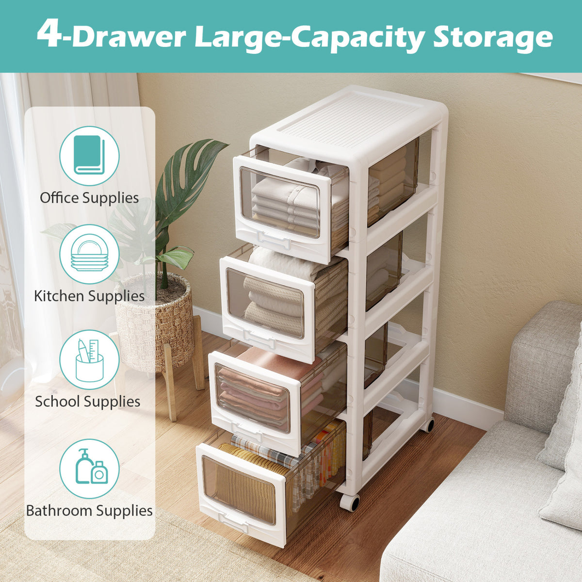 4-Tier Plastic Drawer Storage Organizer Rolling Cart with 3/4/5 Drawers and Lockable Wheels