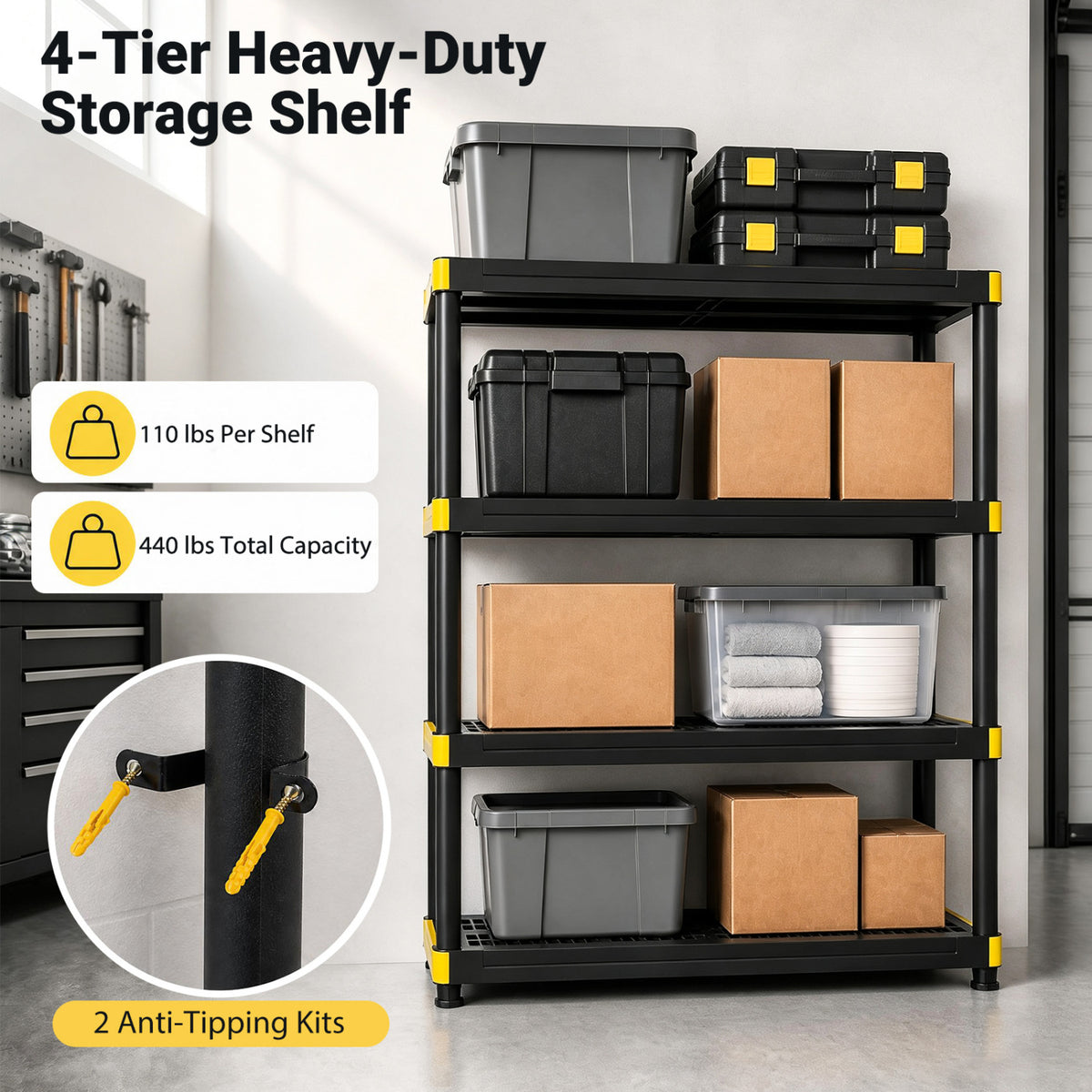 4-Tier Plastic Storage Shelf Heavy-Duty Utility Rack Freestanding Storage Rack-Black