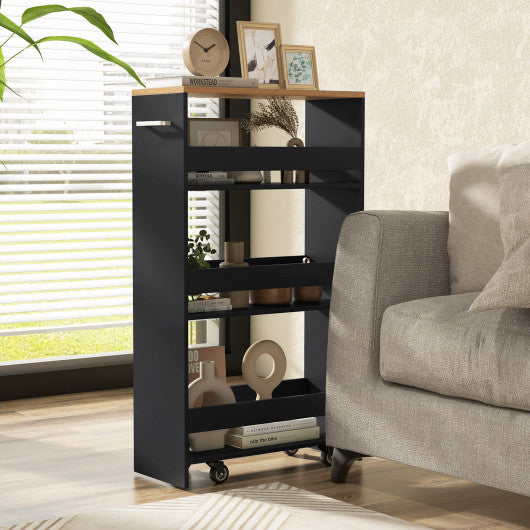 4-Tier Rolling Storage Cart Slim Kitchen Cart on Wheels with Open Shelves and Handle-Black