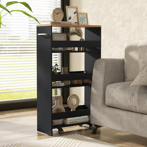 4-Tier Rolling Storage Cart Slim Kitchen Cart on Wheels with Open Shelves and Handle-Black
