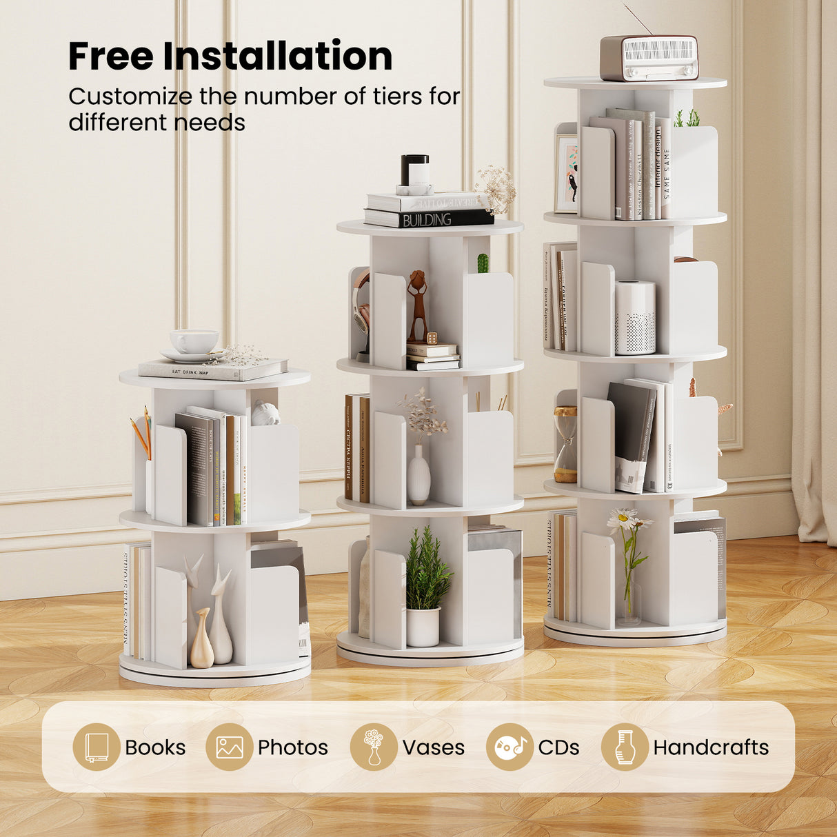 4-Tier Rotating Bookshelf 360 ° Display Rack with Dividers and Anti-falling Baffles-White