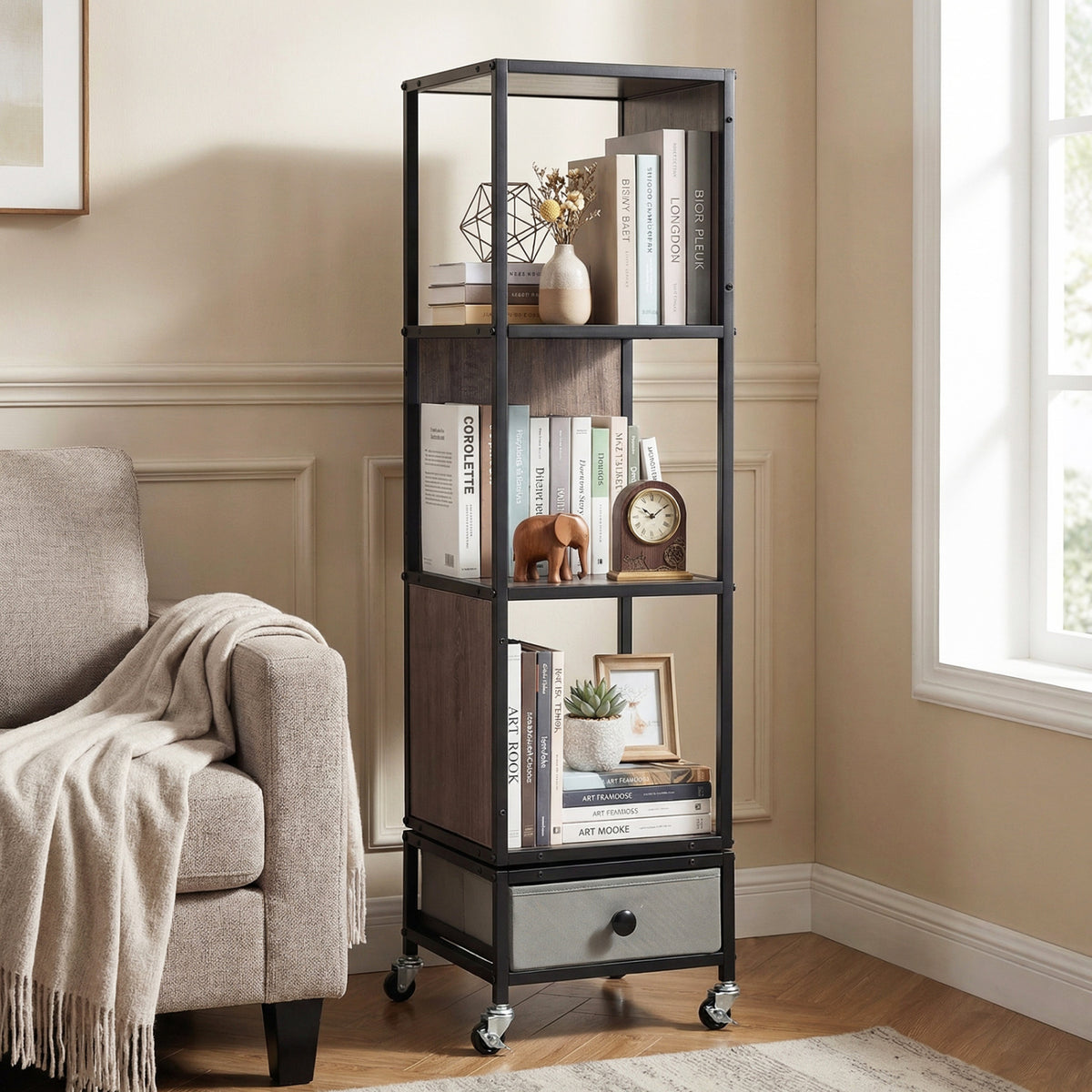4-Tier Rotating Bookshelf on Wheels with Removable Drawer-Gray