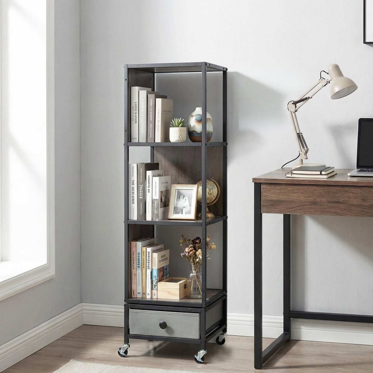 4-Tier Rotating Bookshelf on Wheels with Removable Drawer-Gray