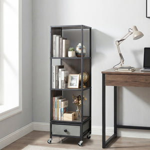 4-Tier Rotating Bookshelf on Wheels with Removable Drawer-Gray