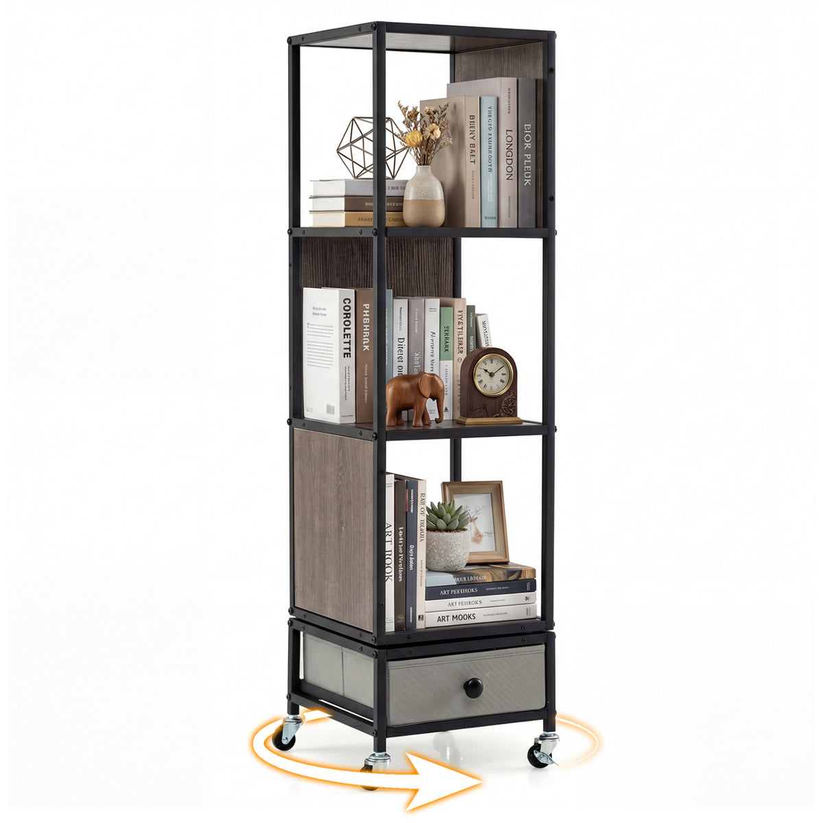 4-Tier Rotating Bookshelf on Wheels with Removable Drawer-Gray