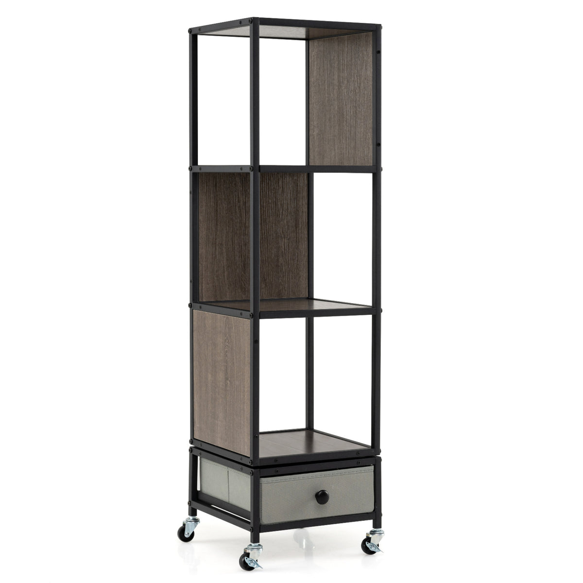 4-Tier Rotating Bookshelf on Wheels with Removable Drawer-Gray