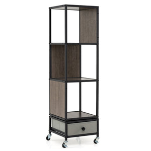 4-Tier Rotating Bookshelf on Wheels with Removable Drawer-Gray