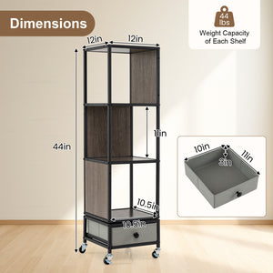 4-Tier Rotating Bookshelf on Wheels with Removable Drawer-Gray