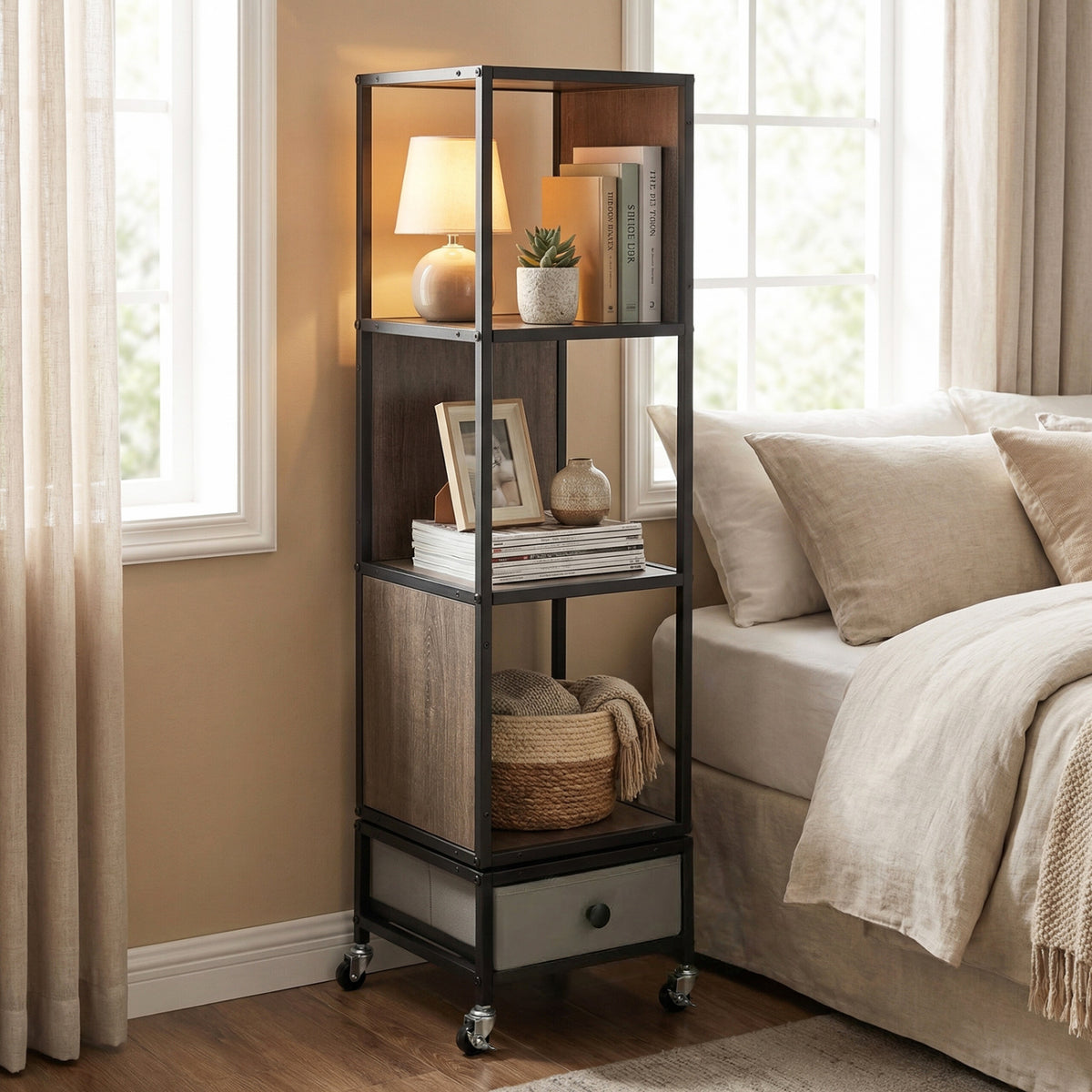 4-Tier Rotating Bookshelf on Wheels with Removable Drawer-Gray