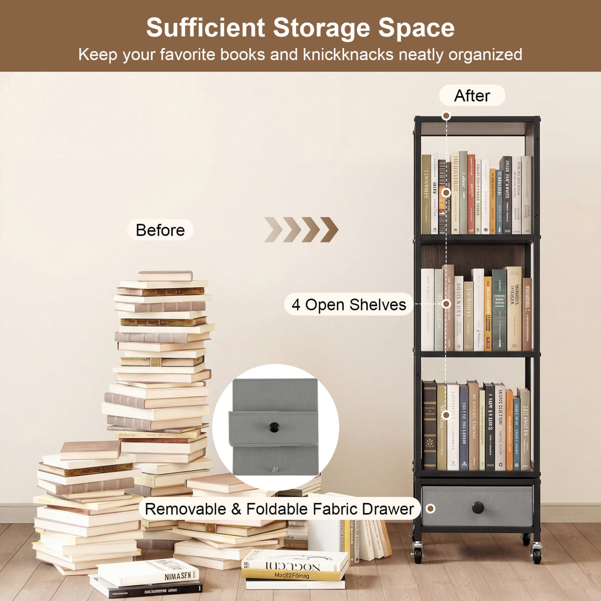 4-Tier Rotating Bookshelf on Wheels with Removable Drawer-Gray