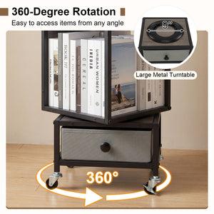 4-Tier Rotating Bookshelf on Wheels with Removable Drawer-Gray