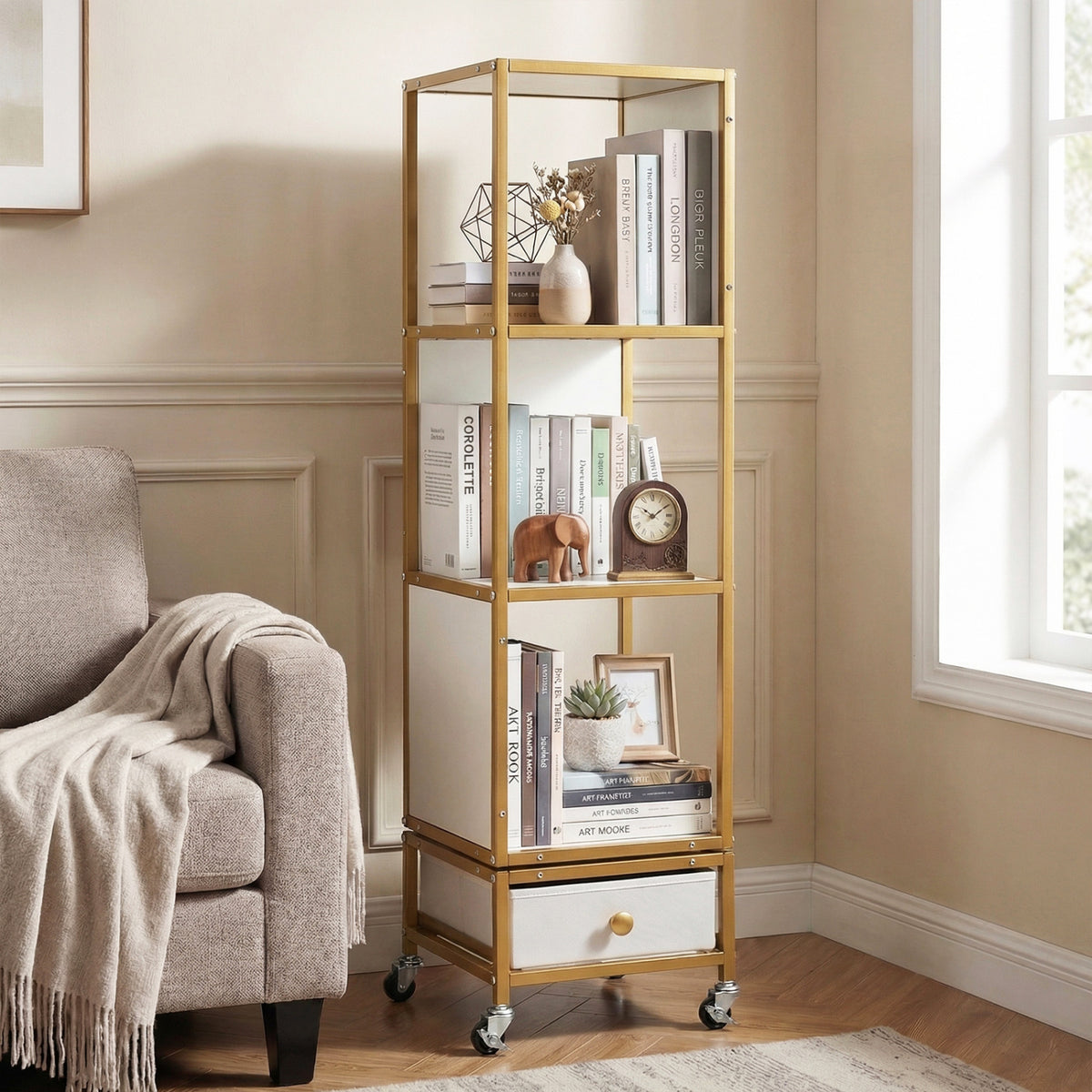 4-Tier Rotating Bookshelf on Wheels with Removable Drawer-White