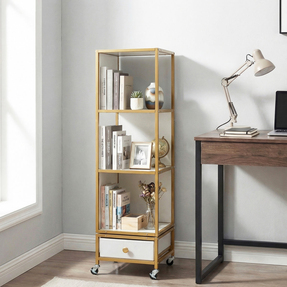 4-Tier Rotating Bookshelf on Wheels with Removable Drawer-White