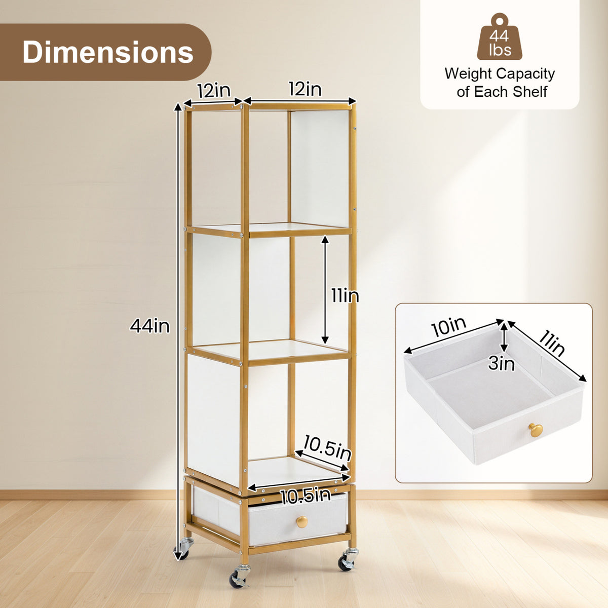 4-Tier Rotating Bookshelf on Wheels with Removable Drawer-White