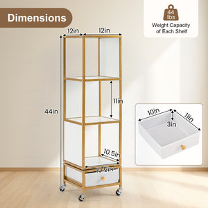 4-Tier Rotating Bookshelf on Wheels with Removable Drawer-White