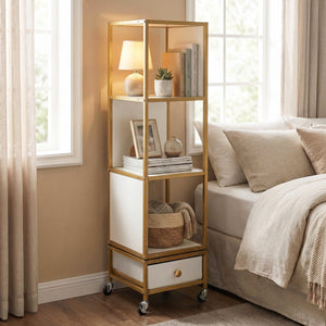 4-Tier Rotating Bookshelf on Wheels with Removable Drawer-White