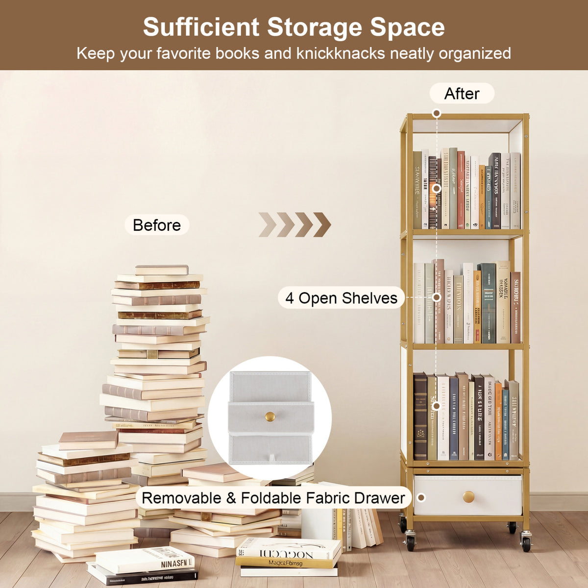 4-Tier Rotating Bookshelf on Wheels with Removable Drawer-White