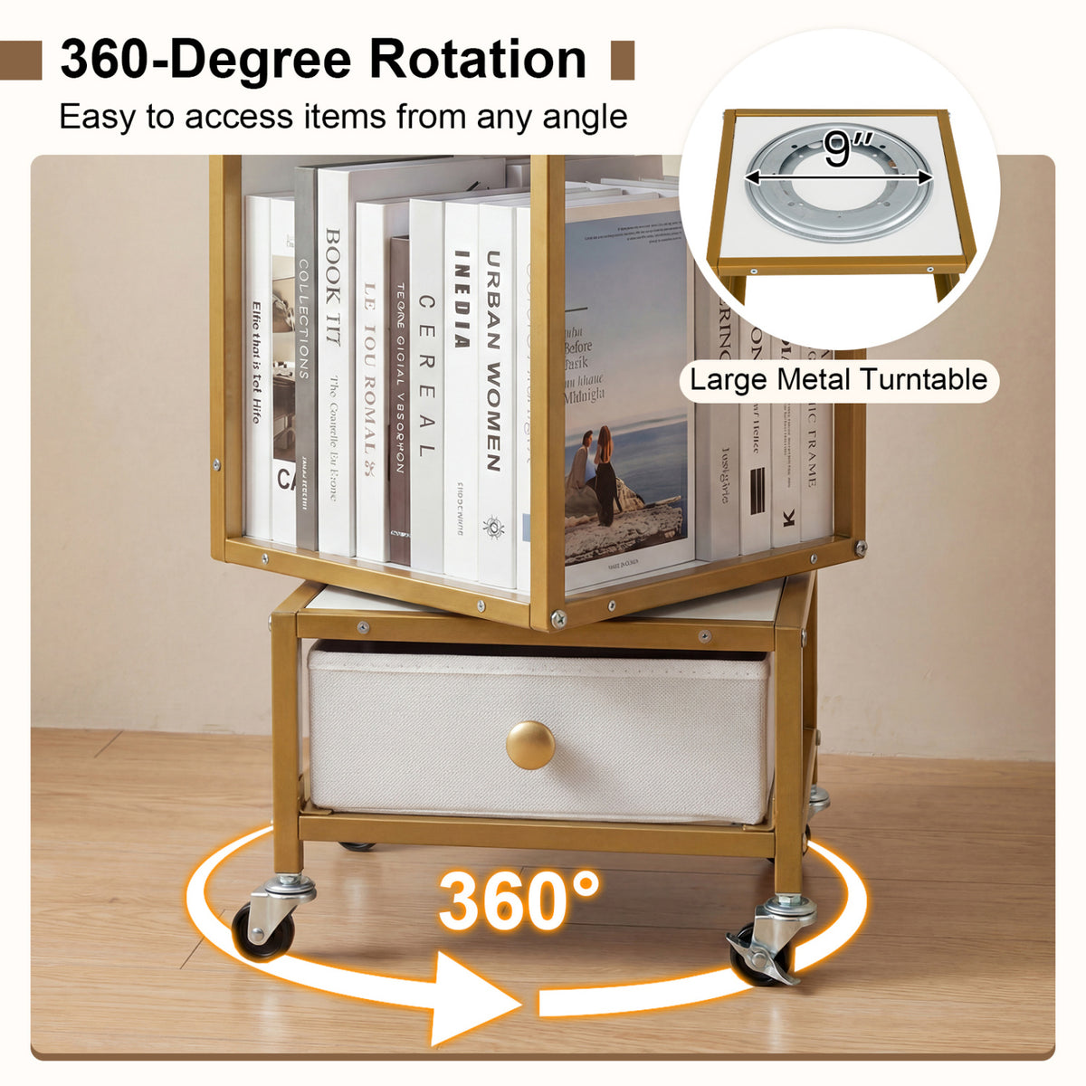 4-Tier Rotating Bookshelf on Wheels with Removable Drawer-White